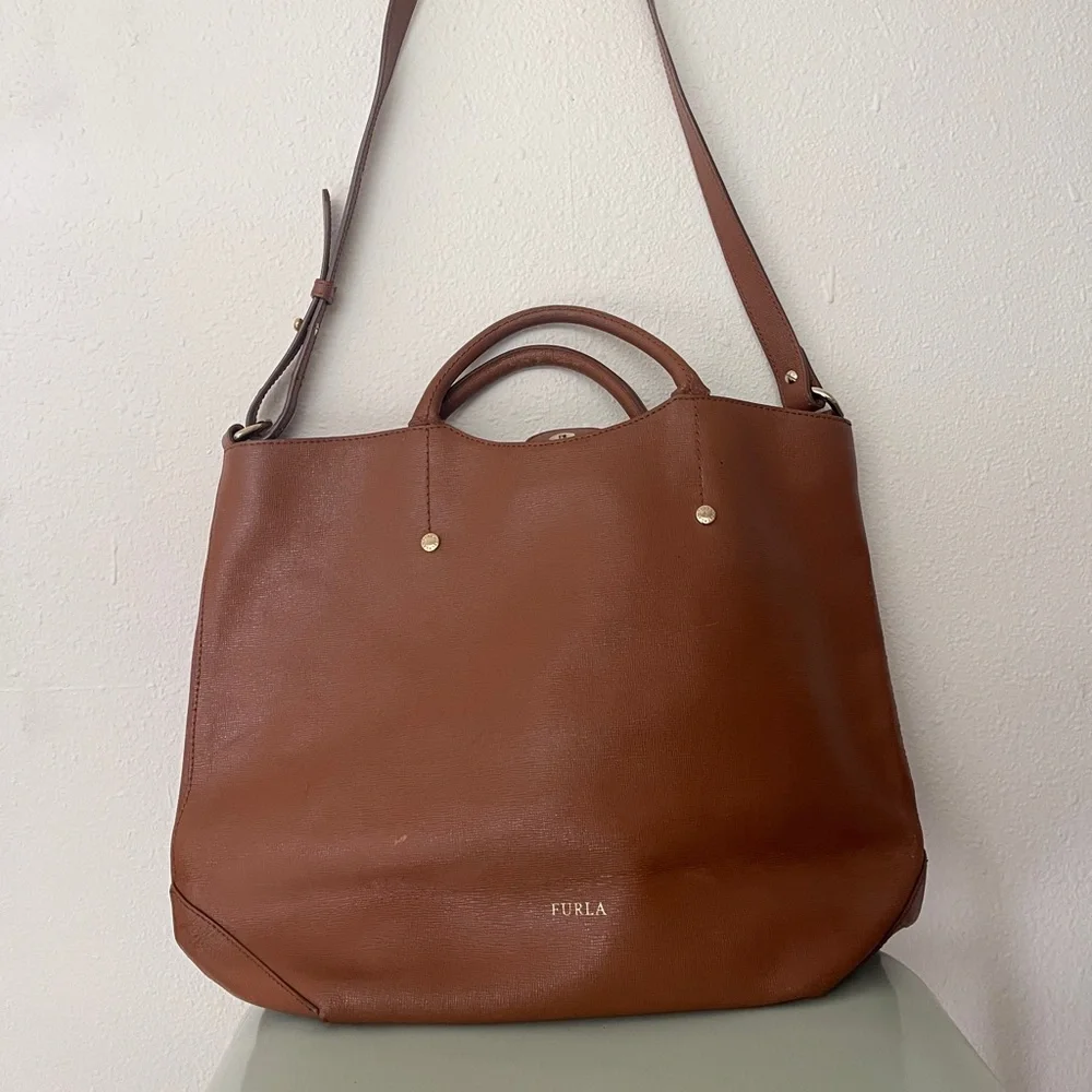 Furla 2 way bag brown leather crossbody purse large tote oversized designer - Picture 3 of 17